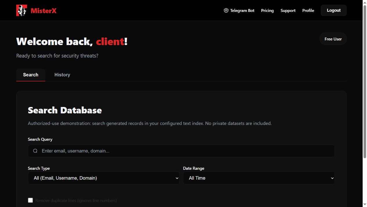 MisterX — actual application interface with demonstration data